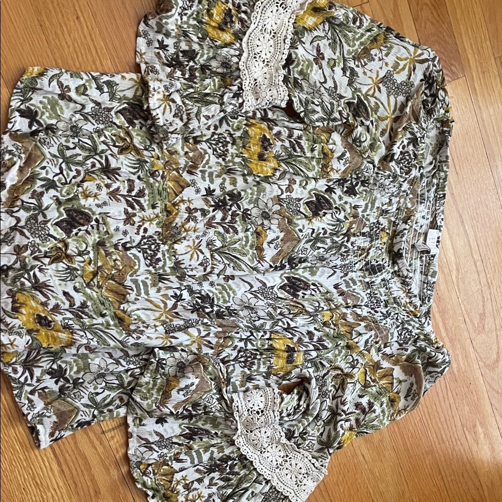 Chenault Floral Blouse with Lace Trim - Green, Yellow, Brown